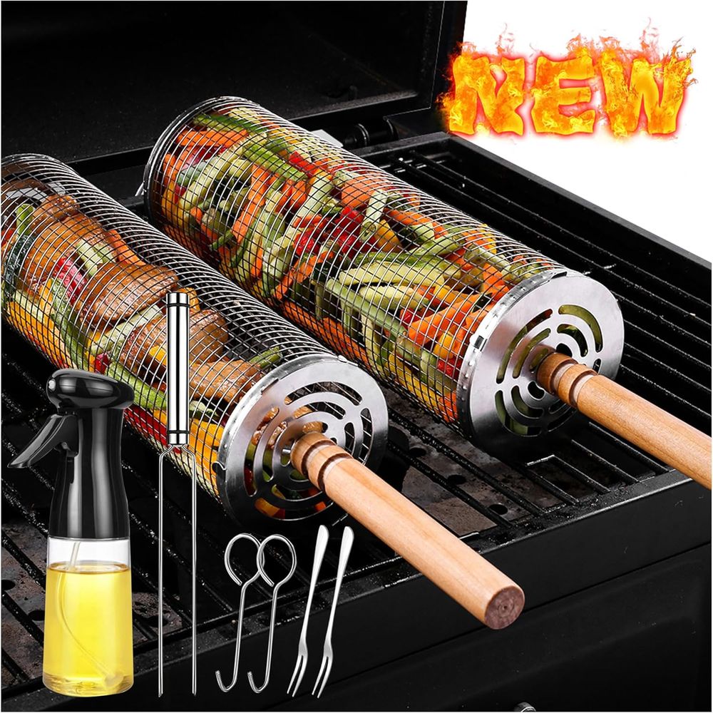 Camping Cooking Grill - Large Round Stainless Steel Grilling Basket